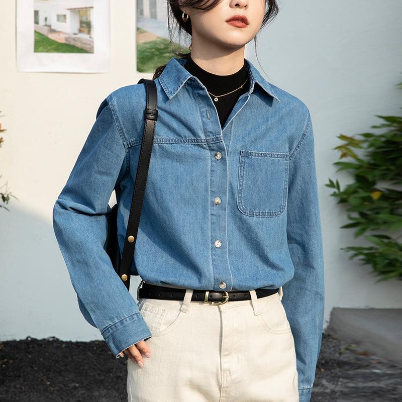 Women's Spring and Autumn Denim Shirt Design Sense Blue Jacket Loose Shoulder Layered French Shirt Long Sleeve