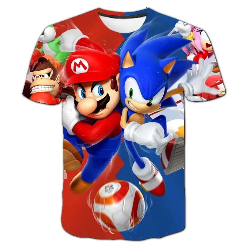 2025 MINISO Summer T-shirt  Super Mario Bros T-shirt Kids Harajuku Fashion Casual T-Shirt Boy Girls Polyester Boys Girls Short Sleeve