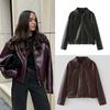 Autumn Women American Style Vintage Solid Bordeaux Red Short Jacket Women's Zipper Long Sleeve Chic Leather Jacket