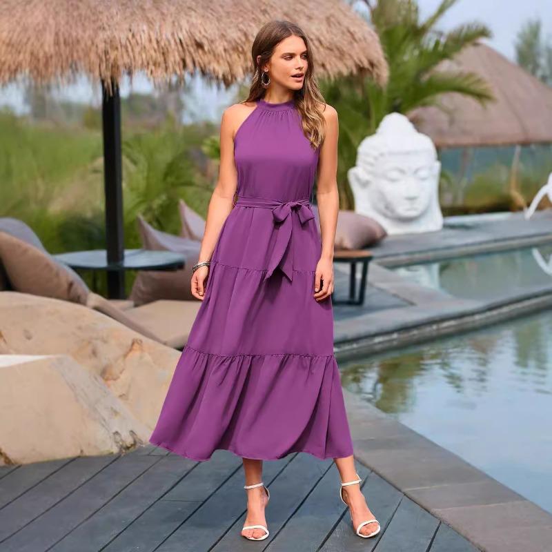 Fashion Sleeveless Summer Elegant Long Dress New Loose Casual Women Simple Office Solid Color A-line Party Dress Female Lace-up Holiday Women Clothing