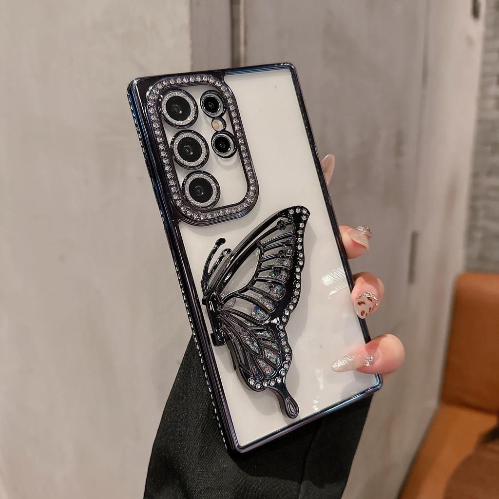 Suitable for Samsung S25ULTRA Electroplated Rhinestone Frame Glitter Butterfly Stand Mobile Phone Case A55 Full Inclusive Lens Film