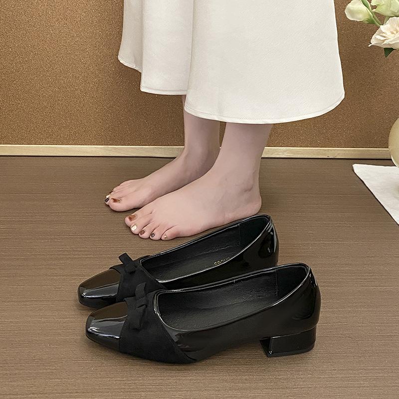 2025 summer new square head fashion bow middle heel single shoes with skirt temperament French splicing professional single shoes women
