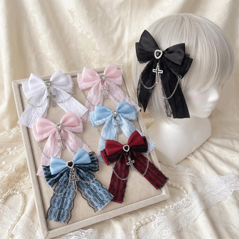 Cute Bow Cross Pendant Gothic Hair Clip Exquisite Lace Design Bag Charm Lolita Hair Accessories Japanese Style Y2K Hair Clip