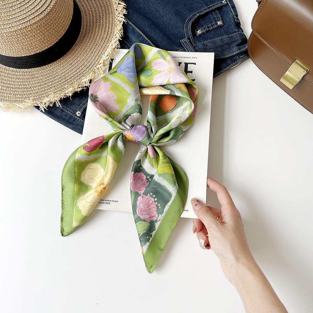 Fresh And Sweet Flower Silk Scarf Square Scarf Women'S Literary And Decorative Headscarf Square Scarf High-End Silk Scarf Thin