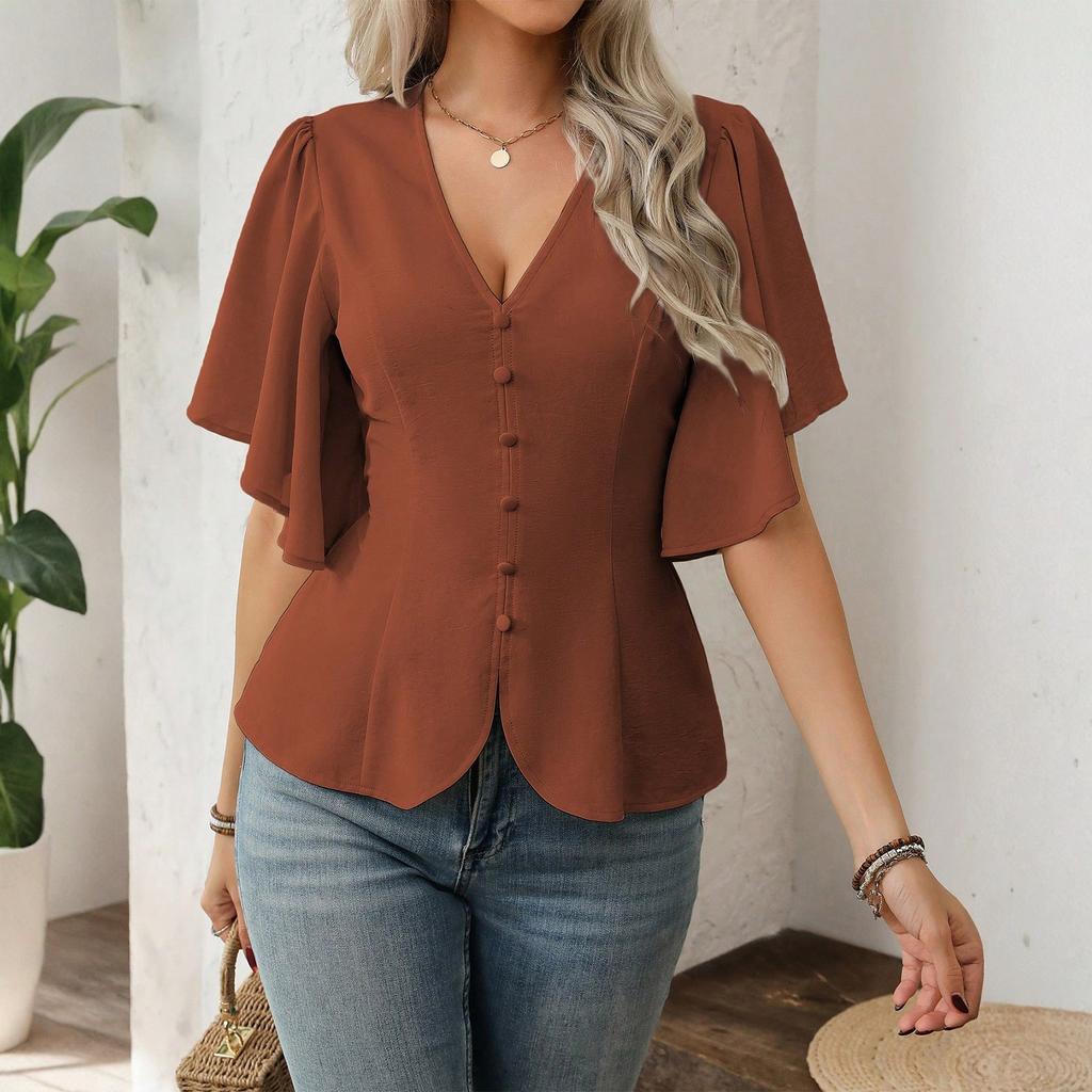 Women's Fashion Solid Color V Neck Single Breasted Waist Short Sleeved Top