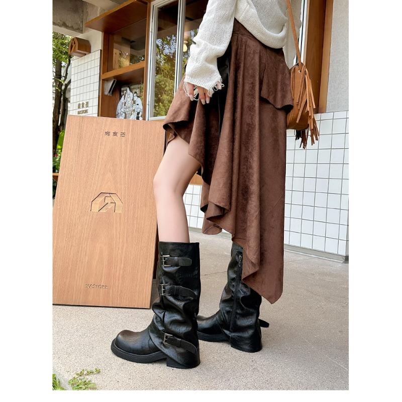 thick-soled thick-heeled medium tube pants tube boots women's new autumn western cowboy slim big tube circumference high tube Martin boots