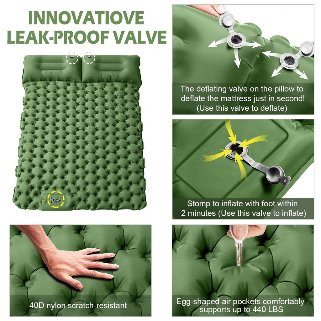 Double Sleeping Pad for 2 Person, Thick Inflatable Camping Mat with Built-in Foot Pump & Pillow, Compact Air Mattress for Hiking, Backpacking, Tent