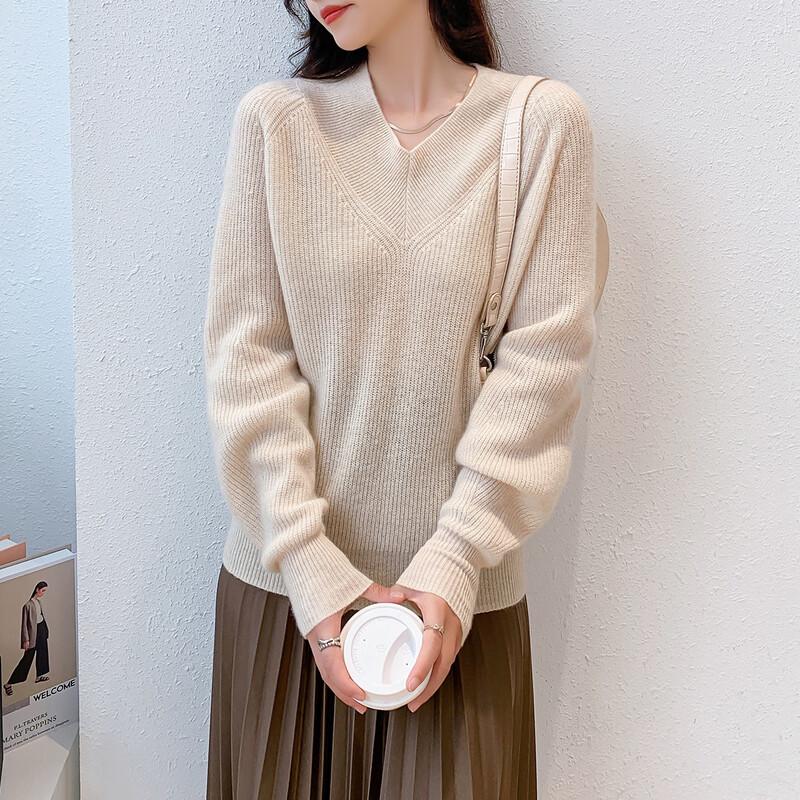 

Mokana Women s Loose Fit Long Sleeve V-Neck Cashmere Sweater F2W40586 One Size