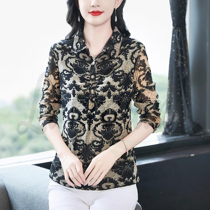 

Spring 2026 Women s Mesh Slimming Long Sleeve Lapel Top 2XL