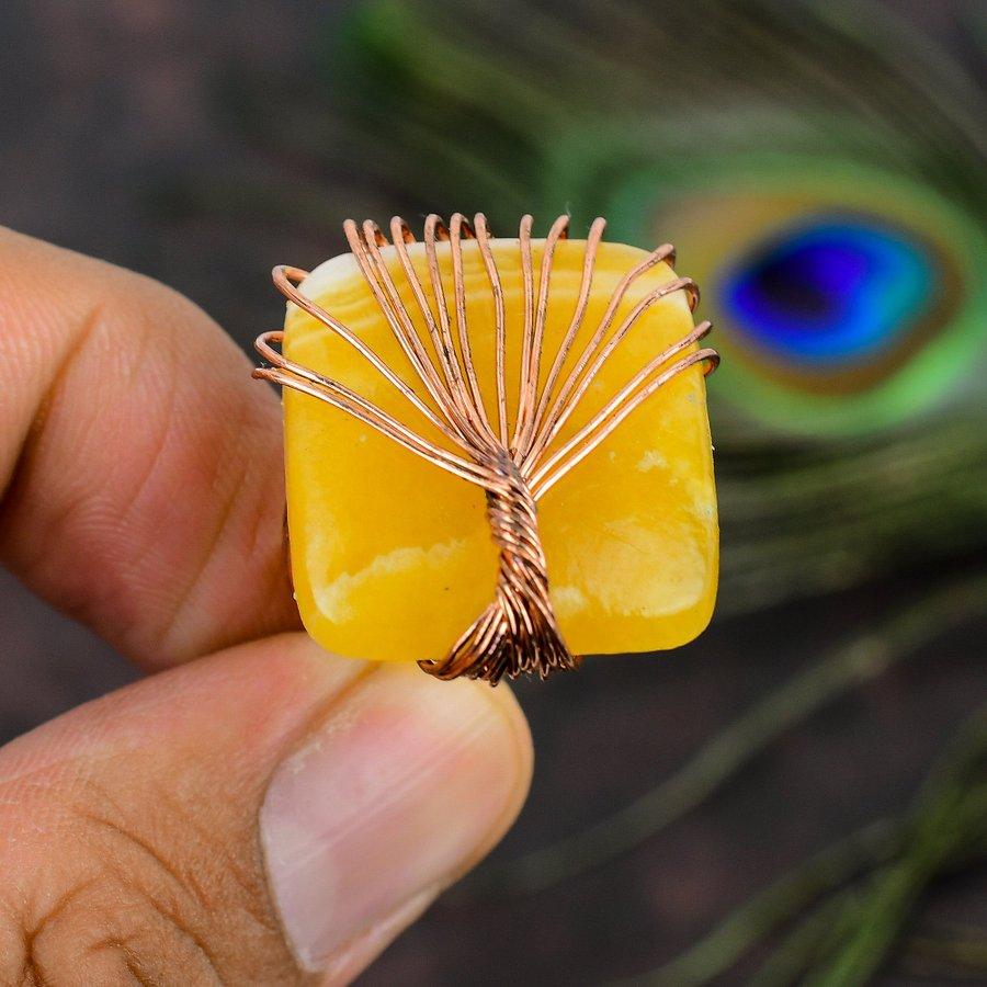 Natural Yellow Fluorite Gemstone Handmade Copper Wire Wrap Ring Size 5.5 R8z16
