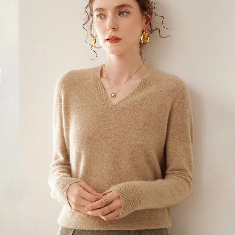 Women's Loose V-neck Cashmere Knit Sweater - Versatile Long Sleeve Pullover for Spring and Autumn