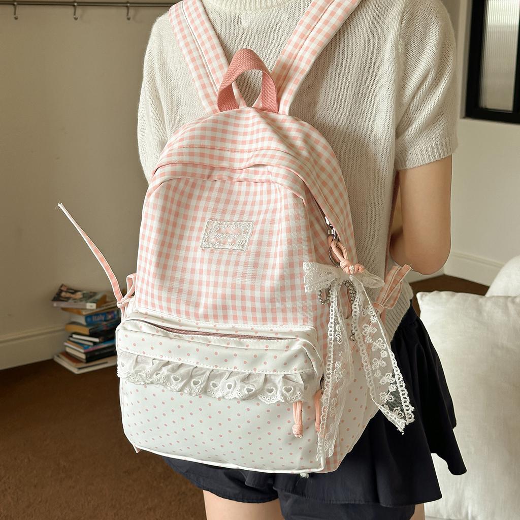 Schoolbag small fresh plaid corrugated schoolbag lace girl heart travel small backpack Japanese sweet wind student party backpack