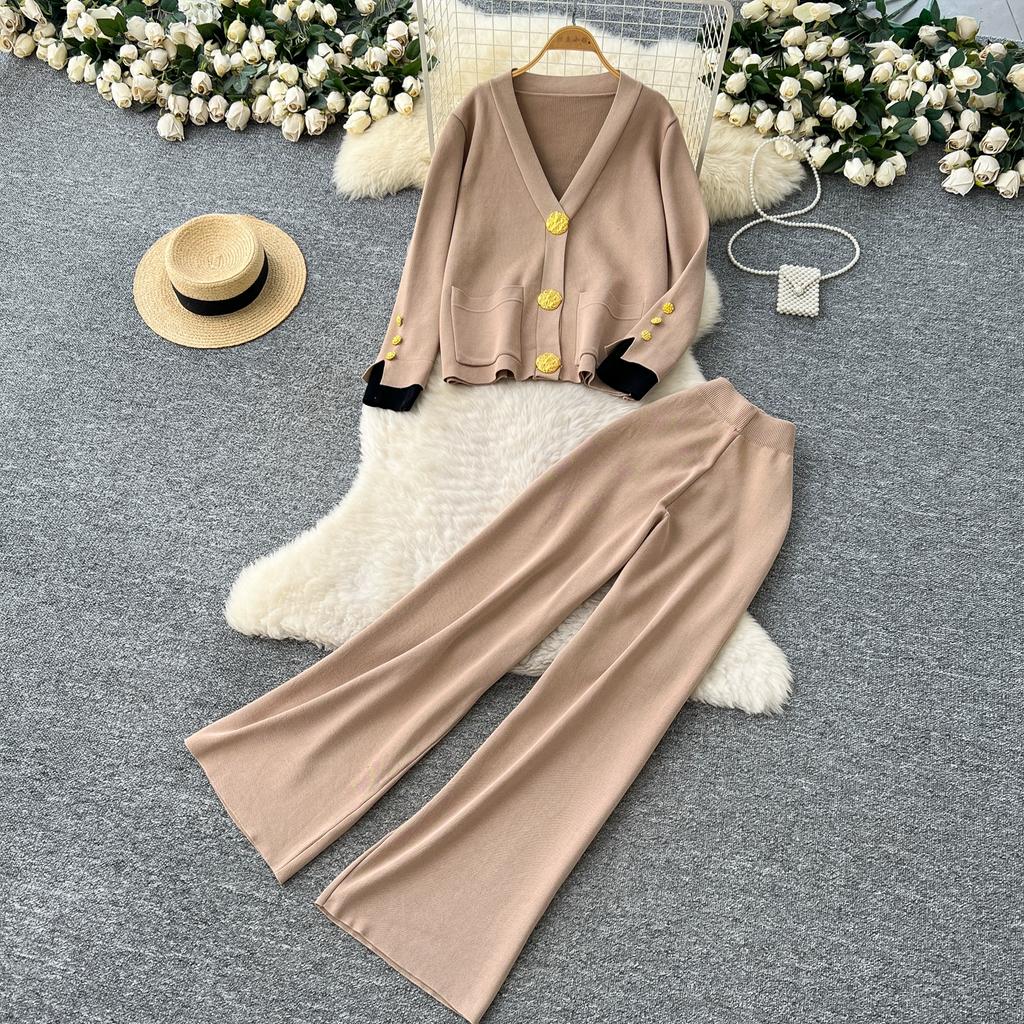 Autumn Winter Women Casual Knitted Sweater Trouser Two Piece Set Big Gold Button Single Breasted Jacket Tops and Elastic Waist Pant Tracksuit