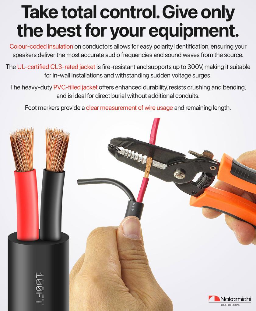 Nakamichi højttalerkabel OFC egnet til indendørs loft og udendørs direkte PVC audio sort 2-leder kabel, iltfrit kobber, CL2/CL3 kompatibel, ledningsføring,