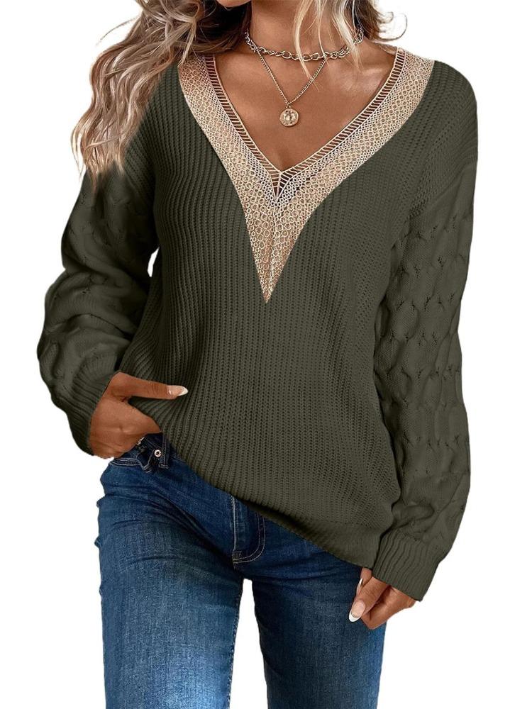 Autumn Winter Fashionable Sensual Lace V Neck Knit Drop Shoulder Pullover Sweater Top Luxurious Relaxed-fit Slimming and Versatile Top