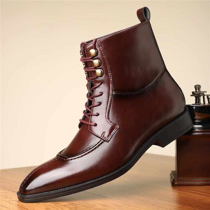 New Luxury Designer Fashionable Lace Up Pointed Patent Leather Ankle Boots For Men's High Tops For Men Flats All Match Shoes