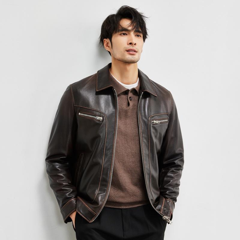 

Мужская кожаная куртка American Retro из козьей кожи с короткими лацканами, кожаная куртка-пилот, мужская куртка 5XL