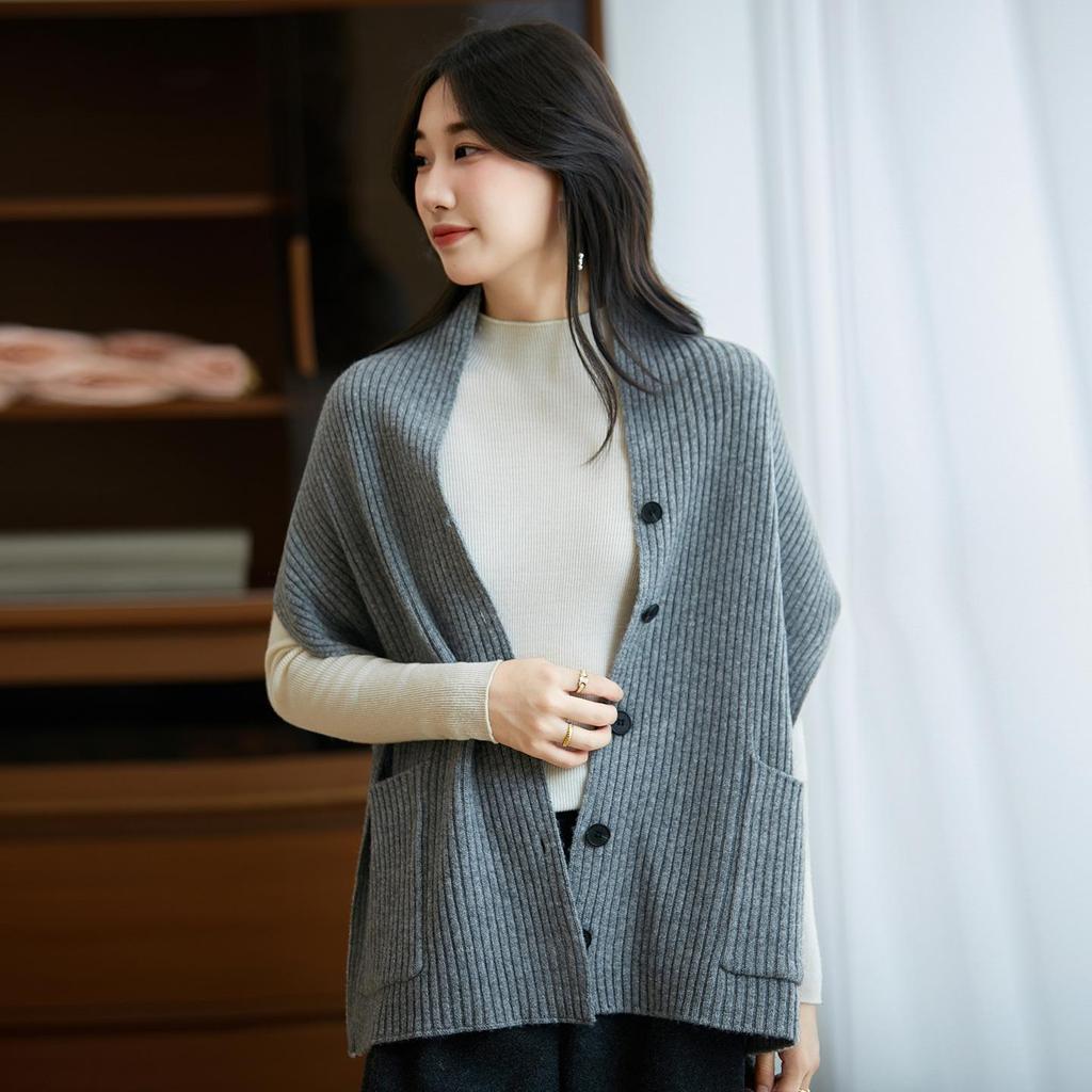Women's 100% Wool Knit Cardigan Vest - Autumn/Winter 2025 Shawl