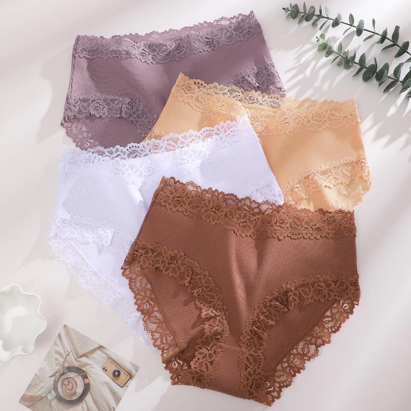 1pcs Women's High Waisted Plus Size Lace Spliced Cotton Underwear, Full Coverage Fashionable, Breathable, Soft and Comfortable Women's Underwear