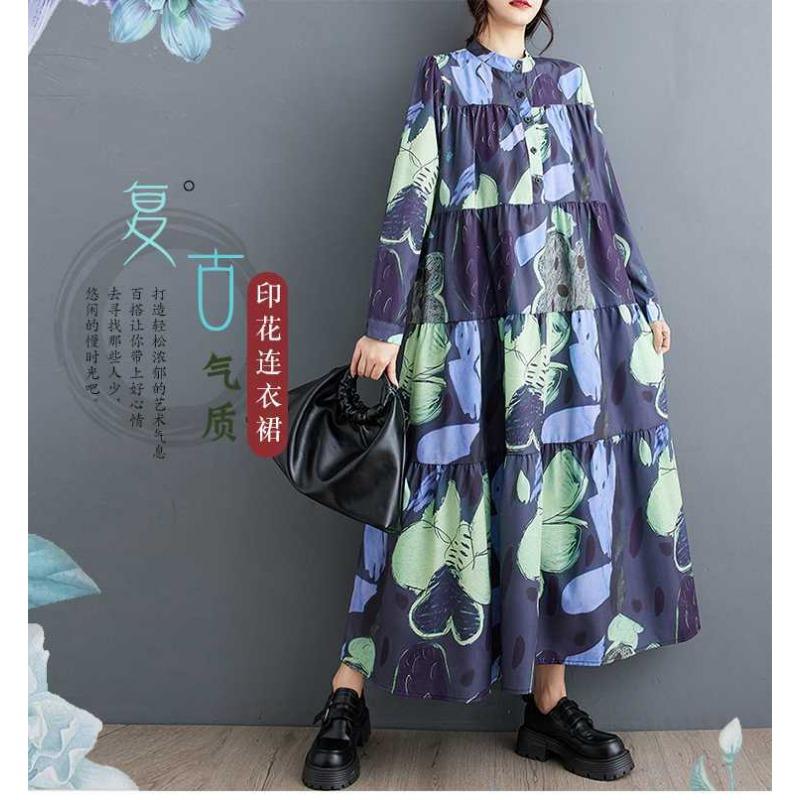 Loose and Thin Fashion Long-sleeved Printed Mid-length Dresses