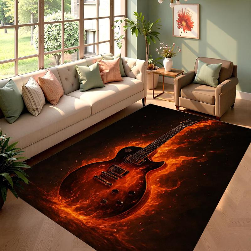 Flaming Electric Guitar Rug Carpet Non-Slip Washable Mat for Living Room Bedroom E-sports Room Home Durable Floor Rugs Carpets