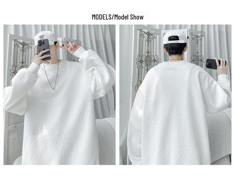 2025 Spring/Autumn Men's High-End Heavyweight Jacquard Hoodie - Versatile Round Neck, Loose Fit, Handsome Long Sleeve Top