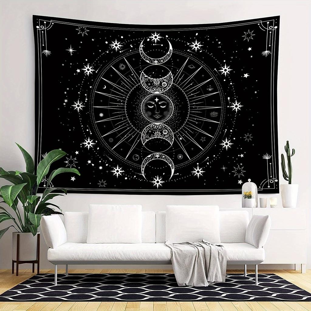 Mysterious Sun & Moon Tapestry Wall Hanging - Black & White Astrology Chart Decor, Suitable for Living Room/Bedroom
