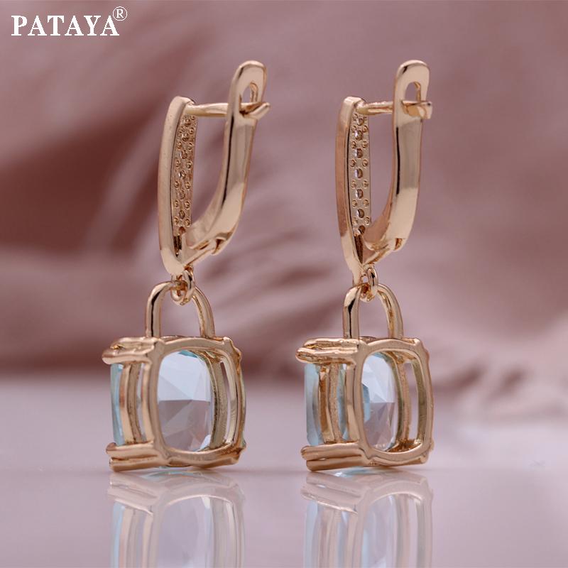 PATAYA Rose Gold Color Italian Craft Light Blue Artificial Zircon Earrings
