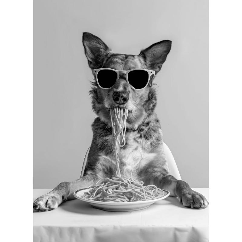 Interesting Animal Collie Eating Spaghetti Bulldog Cook Animal Portrait Poster Canvas Paintings Wall Art Pictures Home Decor