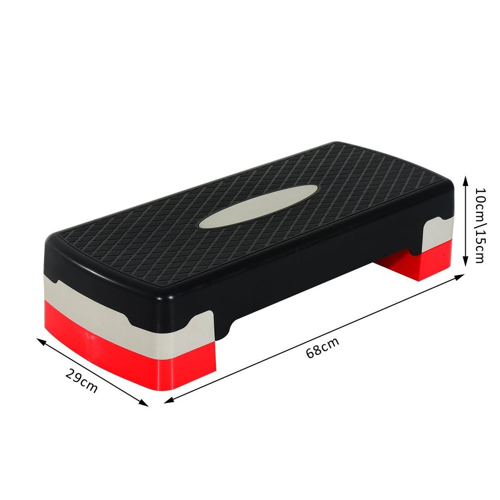 Fitness Stepper, Aerobic, 2 Levels 10/15 cm, 150 kg Load, 68 x 29 x 15 cm, Black and Red