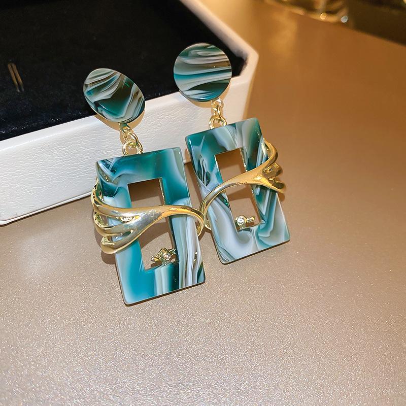 Charm Female Big Green Acrylic Earrings Yellow Gold Color Square Round Earrings For Women Luxury Wedding Dangle Earrings Jewelry 