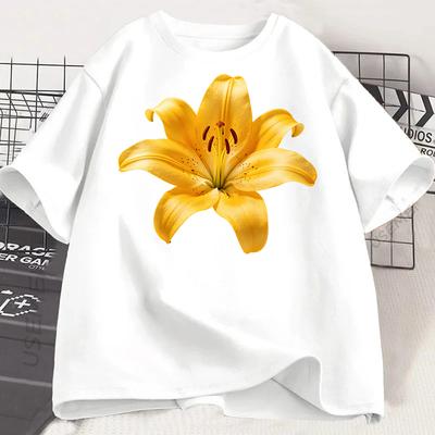 Yellow Lily Flower Graphic T Shirt Women Casual Short Sleeve O Neck Loose Tee Floral Print Summer Aesthetic Top Graphic T Shirts