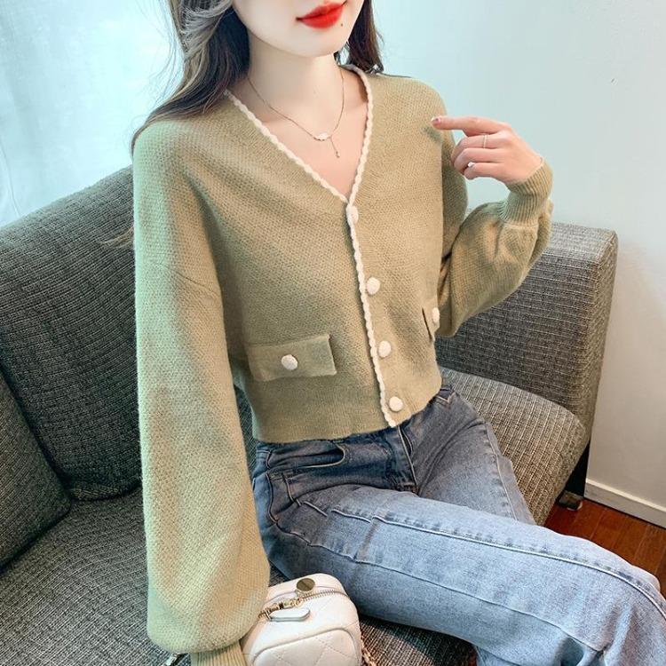 Damen Frühling Herbst Locker V-Ausschnitt Langarm Strickjacke Pullover Jacke Kleiner Duft Vielseitig Neu