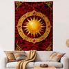 Golden Sun Emblem On Red Ornamental Background Patterned Tapestry Home Decor, Suitable for Bedroom and Living Room, Gift
