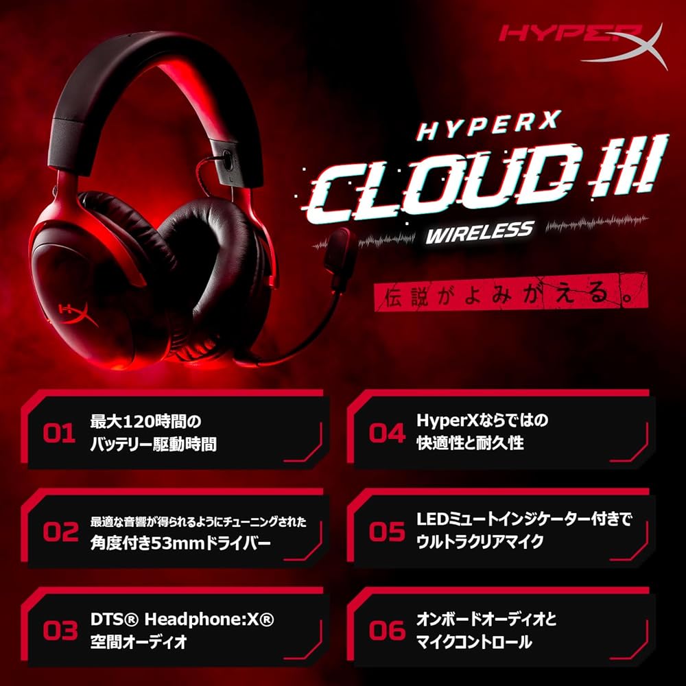 HyperX Cloud III Wireless Gaming Headset 53mm Drivers DTS Headphone:X Spatial Audio Black-Red for PC PS5 PS4 Xbox Switch Mobile