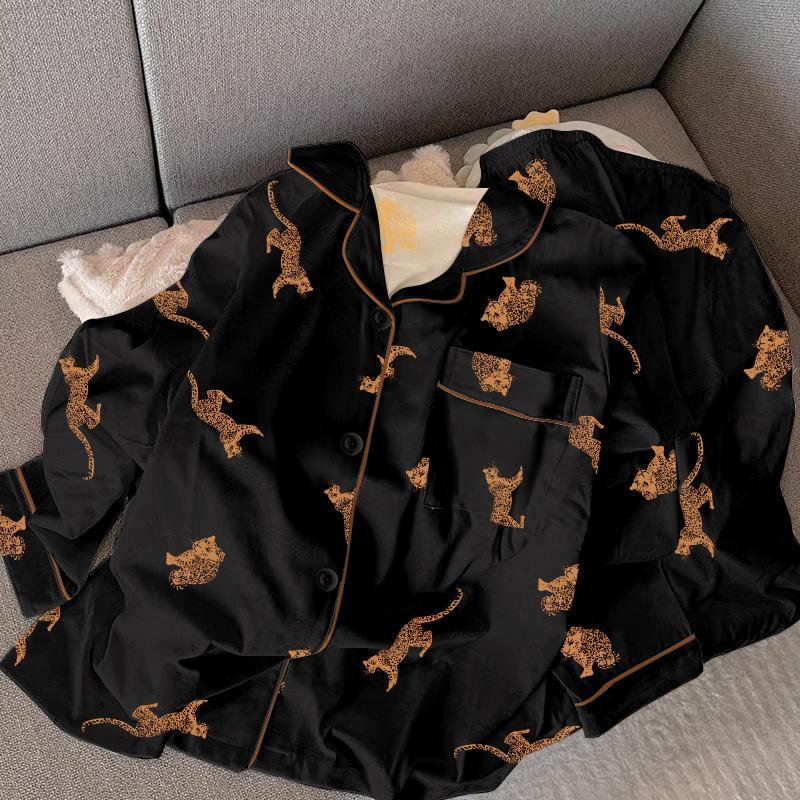 Black Leopard Imitation Cotton Pajamas Women'S Spring And Autumn Long-Sleeved Trousers High-End Wearable Loungewear Set