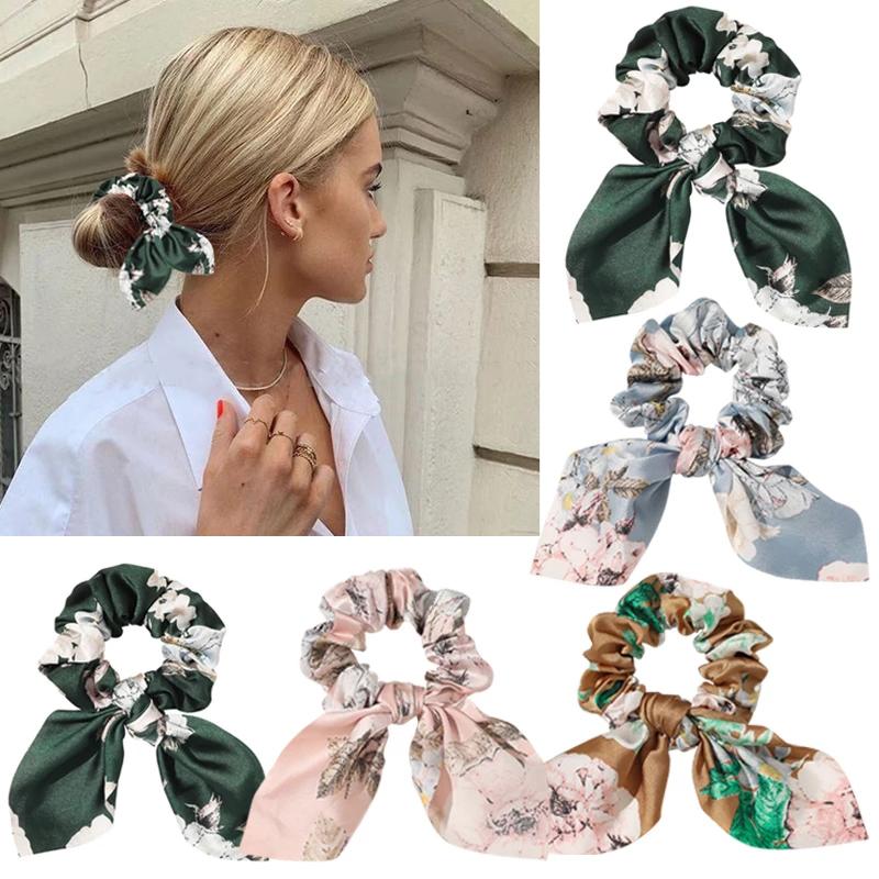 

Цветочный принт, богемный хвост для девочек, женский шелковый атласный шифон с бантом, повязка на голову, резинки для волос, резинки для волос