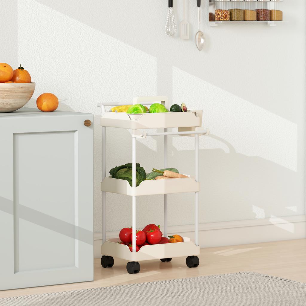 Storage Cart, 3 Baskets, Towel Rail, Wheels, Handle, Metal Frame, White