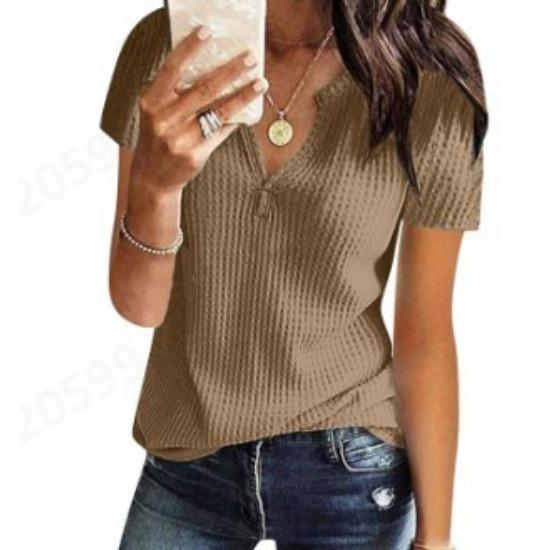 IHUASU Spring Summer Solid Color Short-sleeved V-neck Waffle Top for Women