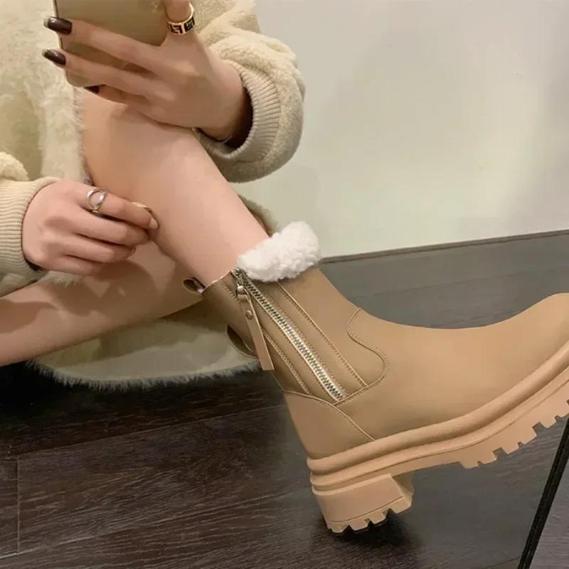 Fashion Shoes for Women Chunky Round Toe Womens Snow Boots Platform Elegant With Medium Heels 39 Gyaru Spring 2025 Protective New In Hot