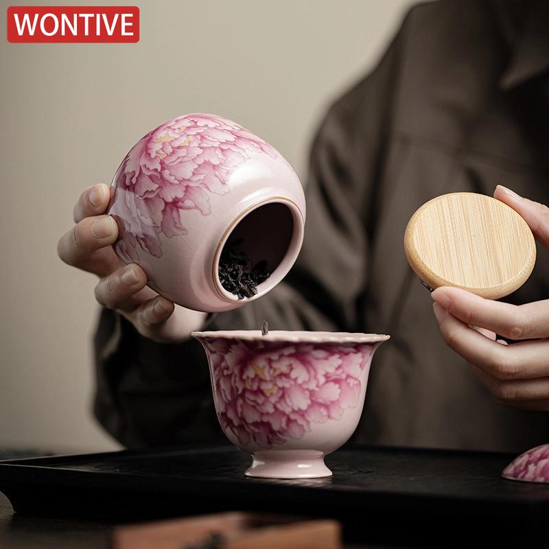 Pink Ru Kiln Peony Tea Canister Household Ceramic Sealed Candy Jar Portable Ceramic Nut Coffee Bean Storage Box Home Jewelry Box
