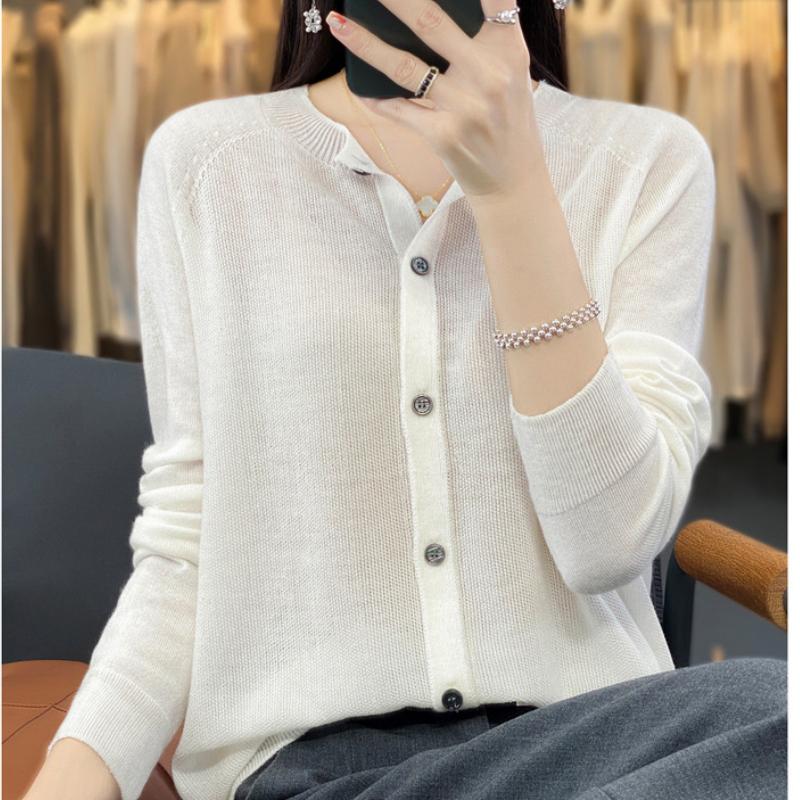 Women's New Wool Knitted Cardigan for Summer Round Neck Osmanthus Needle Exterior Sun Protection Loose Simple Versatile Top