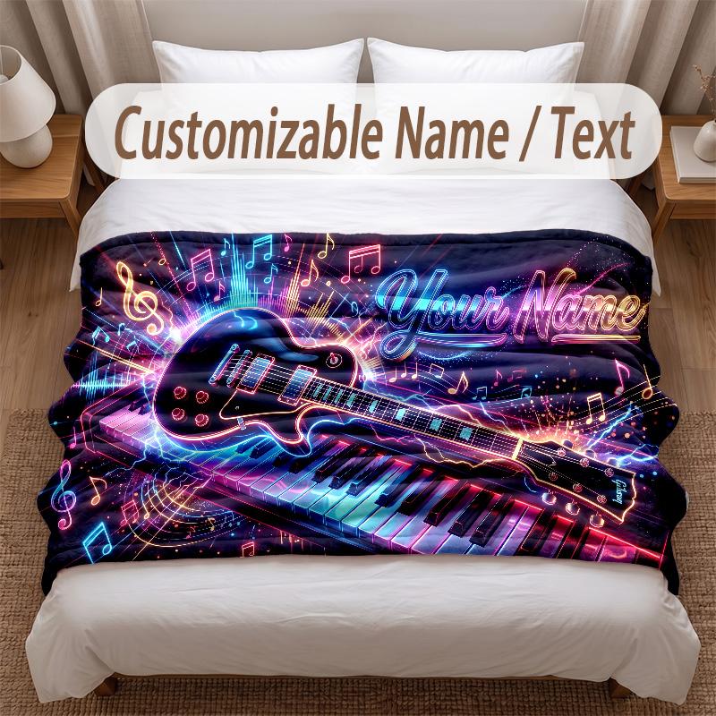 Music Guitar Theme Soft Blanket Personalized Custom Name Text Print Warm Blanket Home Sofa Bedroom Decor
