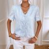 Women's  Summer New French Style Lace Trim Patchwork V-neck Short Sleeve Embroidered Chiffon Cutout Blouse Top