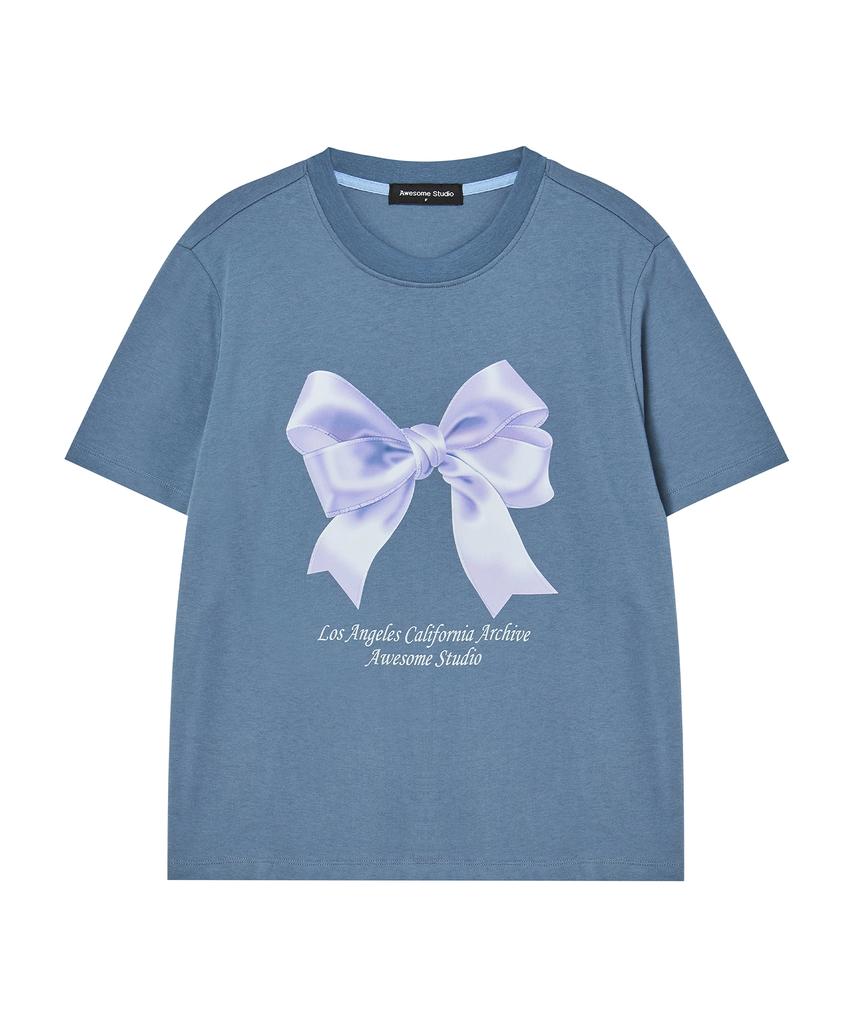 AWESOME STUDIO Ribbon Digital Print Short Sleeve T-Shirt Indigo Blue
