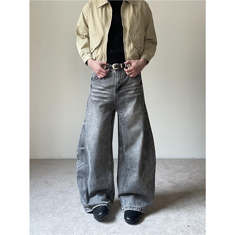 American casual straight three-dimensional cutting silhouette washed jeans men's and women's loose wide-leg drape trousers tide