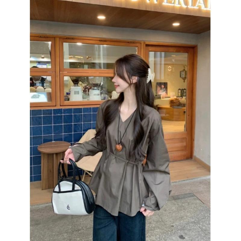 Fashionable Retro Brown Long-sleeved Shirt for Women in Autumn  Style Waist Tie Loose and Versatile Shirt