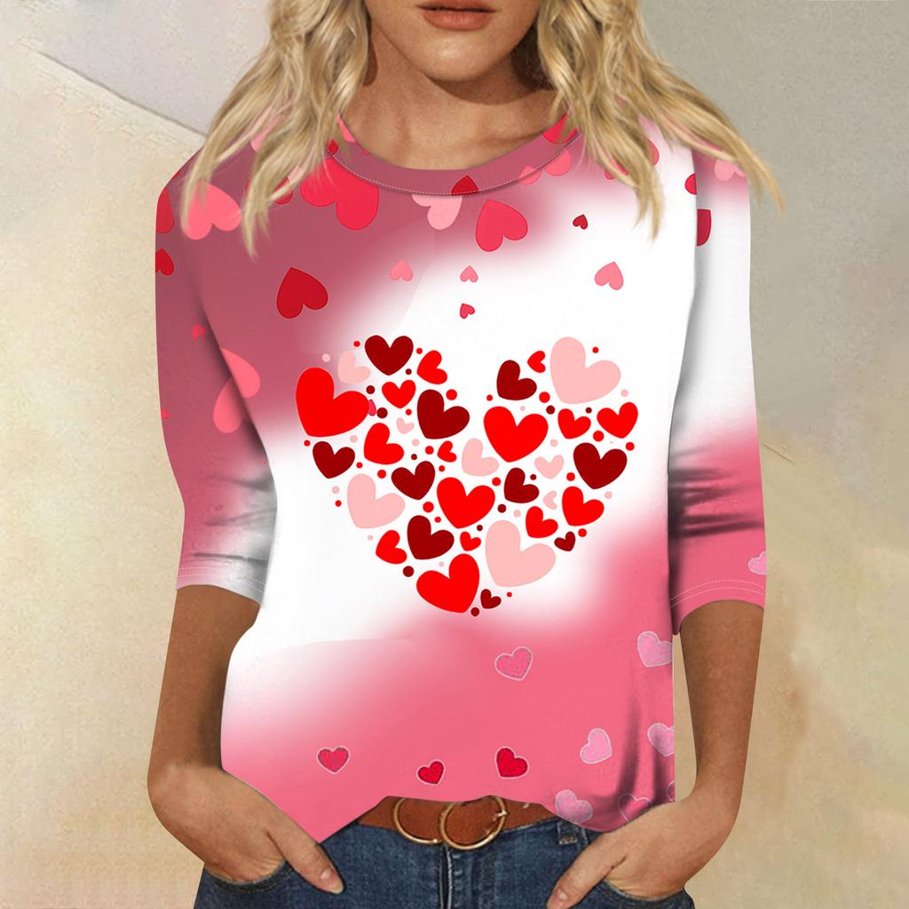 Women's Fashion Casual Round Neck 3/4 Sleeve Loose  Printed T-Shirt Ladies Top