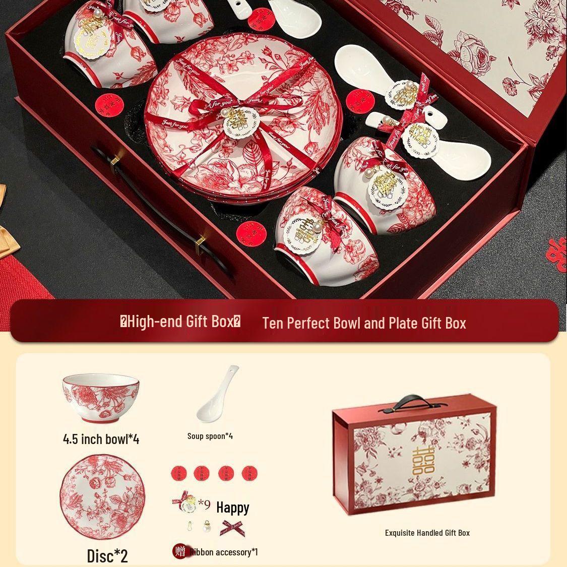 Chinese Style Red Ceramic Tableware Set – Perfect Wedding or Newlywed Gift Premium Gift Box: Rose Queen