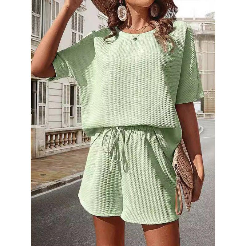 round Neck T-shirt Loose Shorts Set Pure Color Crew Neck T-shirt Loose Shorts Suit